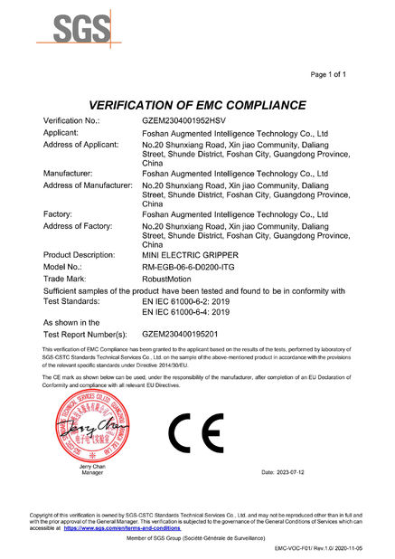 China Foshan Augmented Intelligence Technology Co., Ltd certificaten